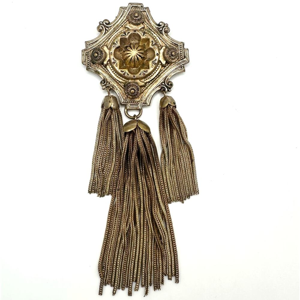 Vintage 1940s massive gold tone Fleur de Lis chains tassel fringe dress fur clip